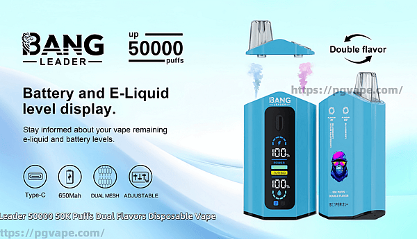 Blue Bang Leader disposable vape promotional image showing two views of the device (one with mouthpiece removed) featuring a front digital battery and e-liquid level display, labels for up to 50,000 puffs and double flavor, icons for Type‑C, 650mAh, dual mesh and adjustable settings, on a light blue gradient background.