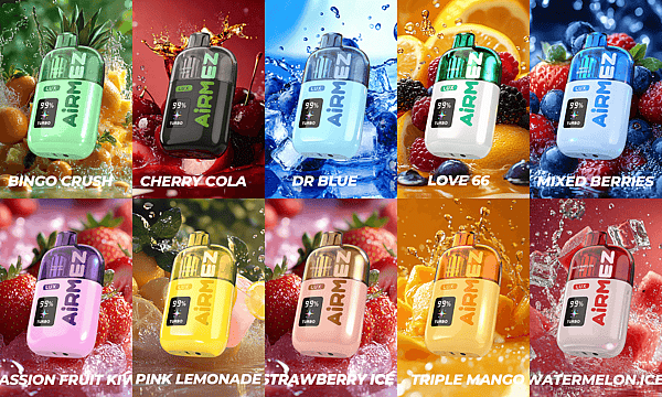 A grid of twelve colorful AIRMEN bottles, each with a flavor label, set against fruity splash backgrounds.