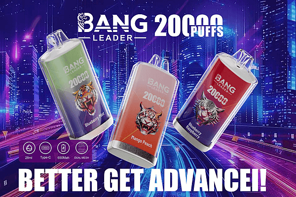 Three colorful Bang Leader 20000 PUFFS disposable vape devices with snarling tiger logos and labeled flavors (Blueberry Mint, Mango Peach, Blueberry Raspberry) float over a neon-lit futuristic city background, with large text reading 20000 PUFFS and BETTER GET ADVANCE!! and small icons showing 28ml, Type‑C, 650mAh and dual mesh.