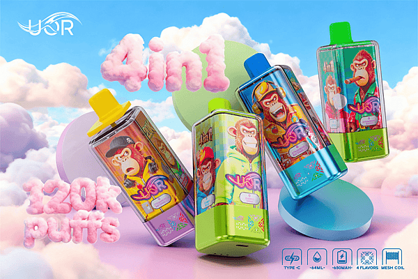 Five colorful rectangular disposable vape devices with cartoon monkey illustrations and bright caps float against a pastel cloud sky, with pink fluffy '4in1' and '120K PUFFS' text and small icons showing Type-C, 64 mL, 650 mAh, 4 flavors and mesh coil.