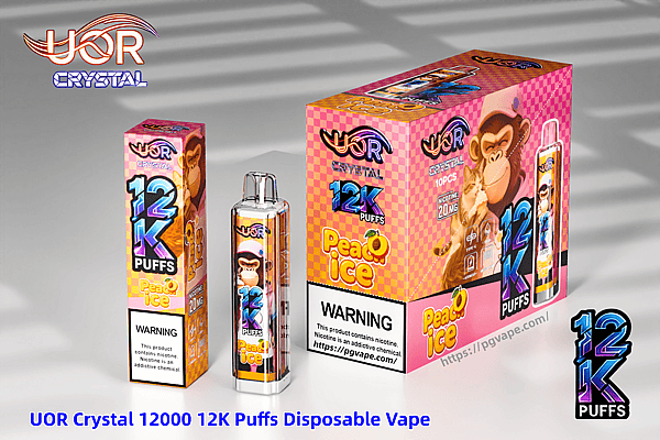 UOR Crystal Peach Ice disposable vape with pink checkered packaging and a clear device labeled 12K Puffs.