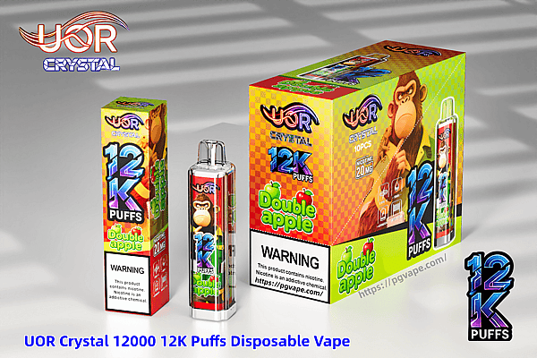 Colorful UOR Crystal 12000 12K Puffs disposable vape display with double-apple flavor, cartoon monkey, and a clear device.