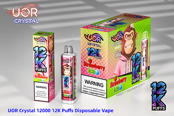 Colorful UOR Crystal 12K Puffs strawberry ice disposable vape packaging, featuring a gorilla mascot and bold 12K Puffs text.