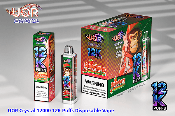 UOR Crystal 12K Puffs disposable vape packaging in strawberry watermelon flavor with a cartoon monkey.