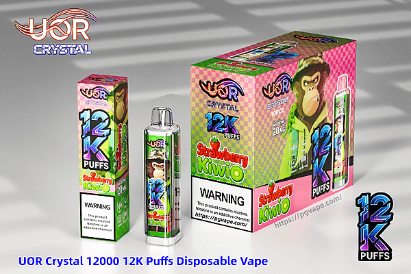 Bright multicolor UOR Crystal Strawberry Kiwi 12K Puffs disposable vape packaging and bottle featuring a gorilla graphic.