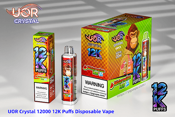 Colorful UOR Crystal 12K Puffs watermelon ice disposable vape set featuring a monkey mascot and a bottle-shaped device.