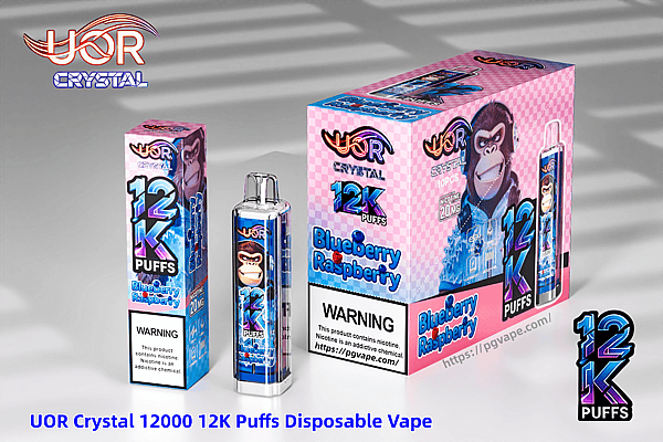 UOR Crystal 12K Puffs disposable vape in Blueberry Raspberry, with pink checkerbox packaging and gorilla mascot.