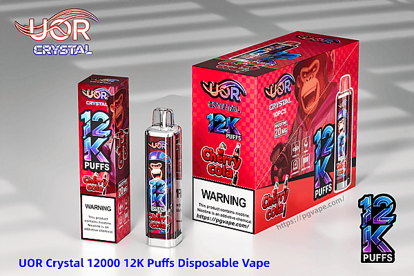 UOR Crystal Cherry Cola 12K Puffs disposable vape packaging and device featuring a gorilla and bold 12K Puffs branding.