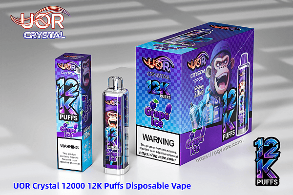 UOR Crystal 12K Puffs disposable vape with grape ice flavor, displayed beside purple packaging and a clear device.