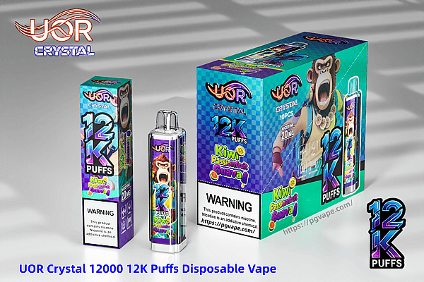 UOR Crystal 12000 12K Puffs disposable vape with vibrant packaging featuring Kiwi Passionfruit Guava and a cartoon monkey.