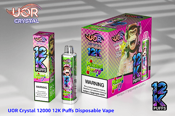 Bright UOR Crystal 12K Puffs Mixed Berry disposable vape packaging with pink and green checker design and a monkey mascot.