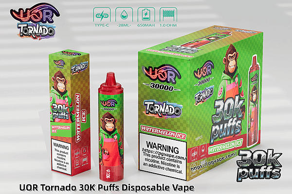 UOR Tornado 30K Puffs Watermelon Ice disposable vape packaging with a green checkered design, cartoon monkey mascot, and a red bottle.