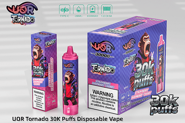 UOR Tornado 30K Puffs disposable vape packaging with purple checkered boxes, a roaring gorilla, and a pink vape showing strawberry raspberry cherry flavor.