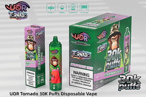 UOR Tornado 30K Puffs disposable vape packaging with green checkered box featuring monkey mascot and Strawberry Kiwi flavor.
