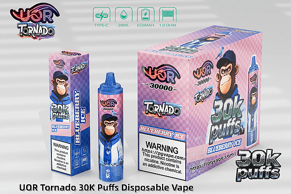 UOR Tornado 30K Puffs disposable vape packaging featuring pink checker boxes, a cartoon monkey mascot, and Blueberry Ice flavor.