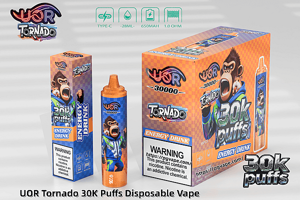 UOR Tornado 30K Puffs disposable vape packaging with orange checkered boxes and a cartoon monkey mascot.
