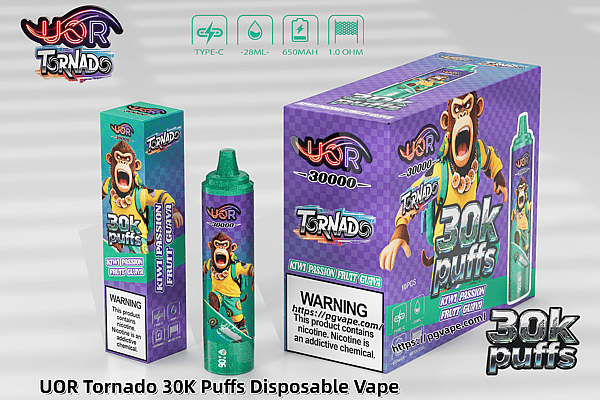 Colorful UOR Tornado 30K Puffs disposable vape packaging featuring a cartoon monkey, kiwi passion fruit guava flavor, and a green-capped device.