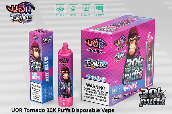 UOR Tornado 30K Puffs disposable vape packaging in pink and purple with a cartoon monkey and MR BLUE flavor bottle.