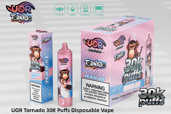 UOR Tornado 30K Puffs disposable vape in pink checkered packaging featuring a cartoon monkey and Peach Ice flavor.