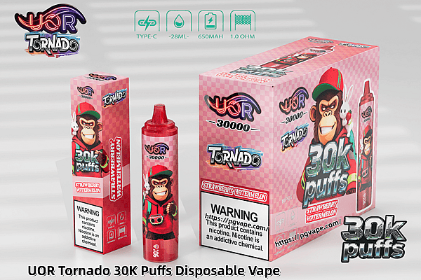 UOR Tornado 30K Puffs strawberry watermelon disposable vape packaging with pink checker pattern and a cartoon monkey mascot.