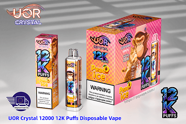 UOR Crystal Peach Ice 12K Puffs disposable vape kit, pink checkered boxes and a clear vape device.