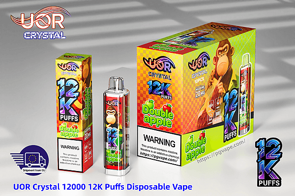 Colorful UOR Crystal 12K Puffs Double Apple disposable vape box and bottle featuring a monkey mascot and 20 mg nicotine label.