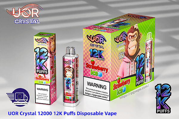 Colorful UOR Crystal Strawberry Ice disposable vape packaging showing 12K puffs, a cartoon monkey, and strawberry graphics.