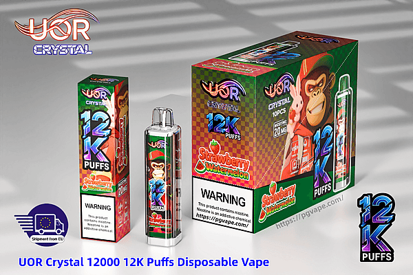 Colorful UOR Crystal 12000 12K Puffs Strawberry Watermelon disposable vape packaging and device, featuring a cartoon monkey mascot on green-pink boxes.
