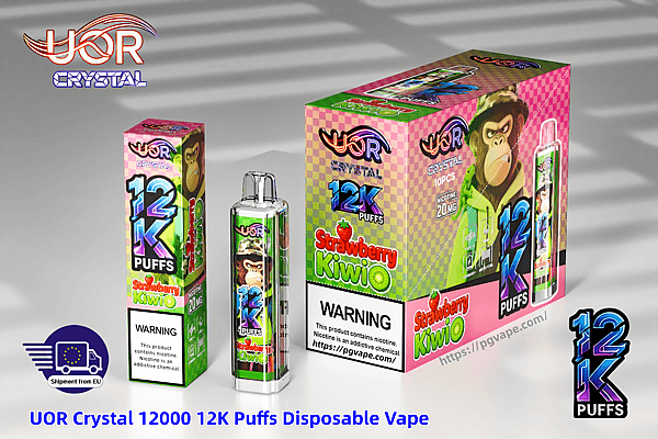 Bright packaging for UOR Crystal 12K Puffs Strawberry Kiwi disposable vape, with pink checkered boxes and a monkey image.