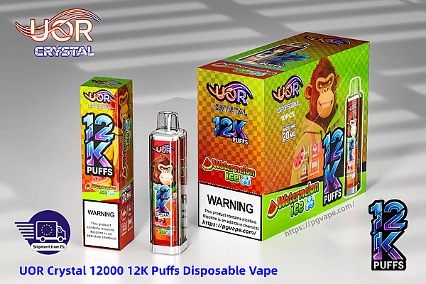 Vibrant UOR Crystal 12K Puffs watermelon ice disposable vape packaging with a monkey mascot and a bottle-shaped device.