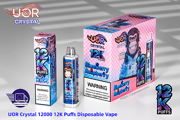 UOR Crystal 12K Puffs blueberry raspberry disposable vape packaging with a pink checkered box, gorilla mascot, and a blue bottle device.
