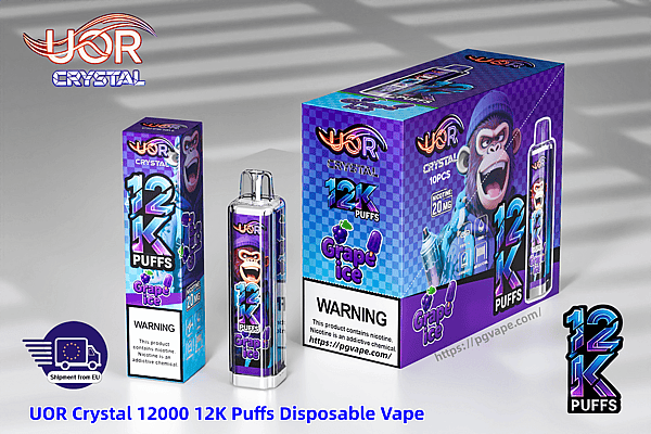 UOR Crystal 12000 12K Puffs grape ice disposable vape packaging in purple blue checkered design, featuring a monkey mascot.