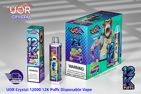 Colorful UOR Crystal 12K Puffs disposable vape packaging and device, Kiwi Passionfruit Guava flavor, with a warning label.