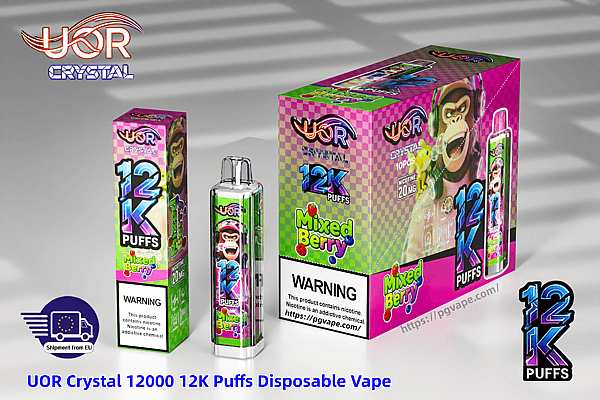 Bright multicolor UOR Crystal 12000 12K Puffs Mixed Berry disposable vape packaging with a cartoon monkey and a slim vape device.