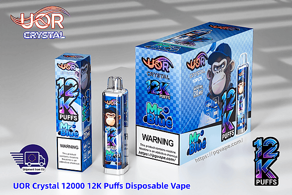 Blue UOR Crystal 12K Puffs Mr Blue disposable vape kit with monkey mascot, large display box, smaller box, and a vape device.