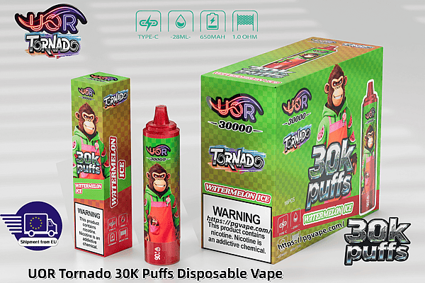 UOR Tornado 30K Puffs Watermelon Ice disposable vape with green checkered box, red bottle, and cartoon monkey mascot.