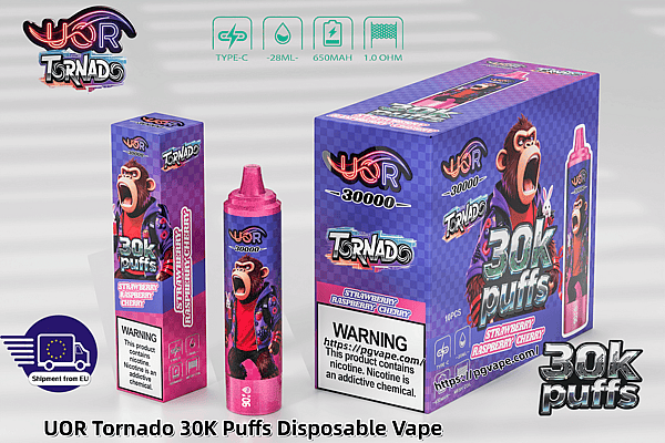 UOR Tornado 30K Puffs vape box with purple checkered design, monkey mascot, and Strawberry Raspberry Cherry flavor