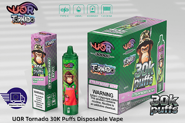 Green checkered UOR Tornado 30K Puffs disposable vape box with a cartoon monkey and a strawberry kiwi box