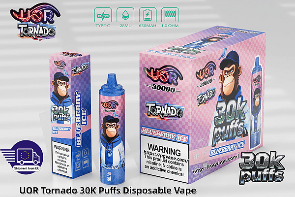 UOR Tornado 30K Puffs Blueberry Ice disposable vape with checkered packaging, a monkey mascot, and a blue-capped device.
