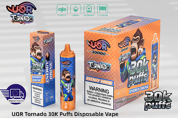 UOR Tornado 30K Puffs disposable vape packaging with orange checkerboard design, gorilla mascot, and energy drink label.
