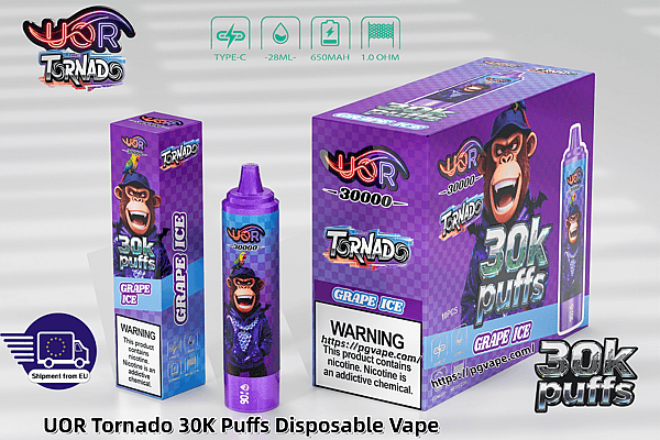 Purple UOR Tornado 30K Puffs grape ice disposable vape, featuring a cartoon monkey mascot on the box and a matching bottle.