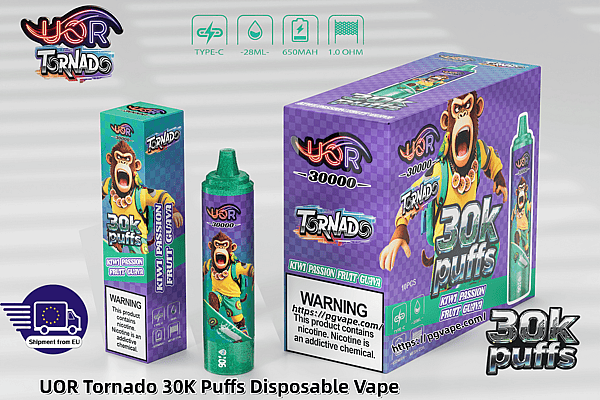 Purple checkered UOR Tornado 30K Puffs disposable vape packaging with a monkey mascot and Kiwi Passion Fruit Guava flavor.