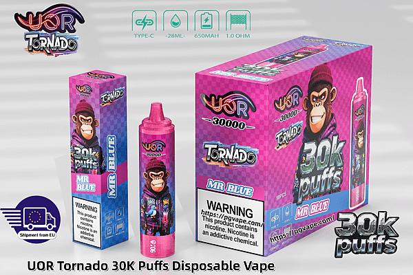 UOR Tornado 30K Puffs MR BLUE disposable vape packaging with a cartoon monkey on purple-pink boxes and a pink vape device.