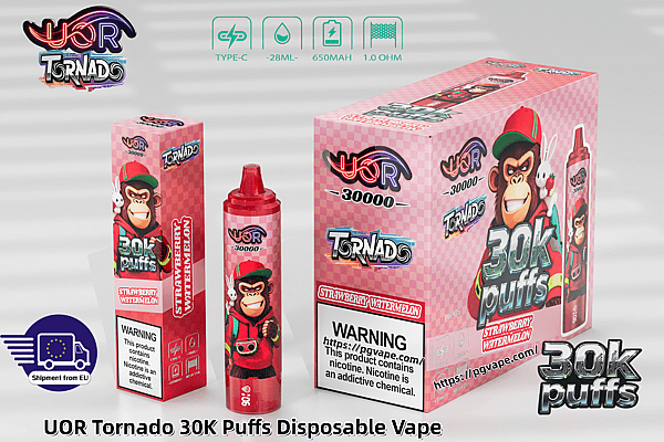 Pink checkered packaging for UOR Tornado 30K Puffs disposable vape with a cartoon monkey mascot, strawberry watermelon flavor.