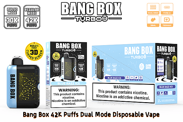 Bang Box Turbo disposable vape in blue/black, 42K puffs, dual-mode, 28ml, 750mAh, shown with its packaging.