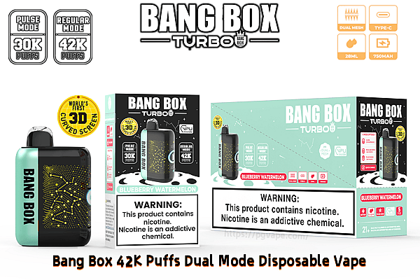 Bang Box Turbo disposable vape with turquoise device and black box, 42K puffs, 3D curved screen, blueberry watermelon flavor.