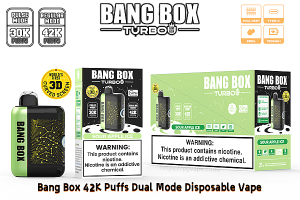 Bang Box Turbo dual-mode disposable vape with black and green packaging, 42K puffs, sour apple ice.
