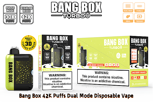 Lime green and black Bang Box Turbo disposable vape with 42K puffs, shown beside lime berry orange packaging and a 3D curved-screen badge.