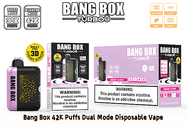 Bang Box Turbo disposable vape with 42K puffs, black-pink device beside purple Grape-B Pop box with 3D curved screen.