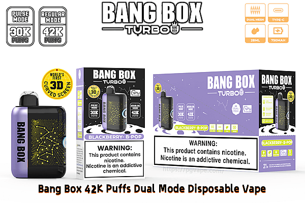 Bang Box Turbo disposable vape with dual-mode 42K puffs; purple device beside black and purple packaging with a 3D curved screen sticker.